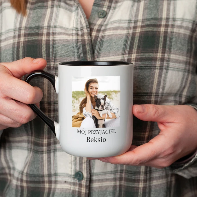 Personalizowany kubek ze zdjęciem Twojego Pupila czarne ucho czarny środek