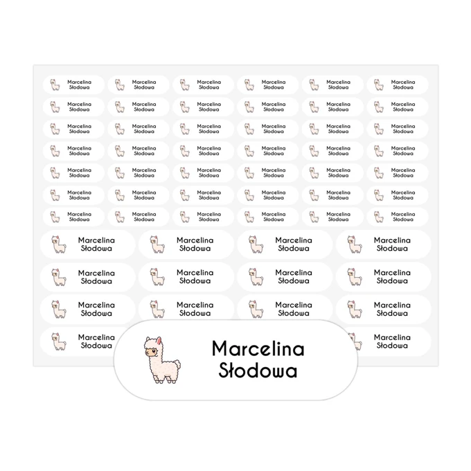 Naklejki imienne imię nazwisko na kredki do przedszkola lama arkusz 58 sztuk