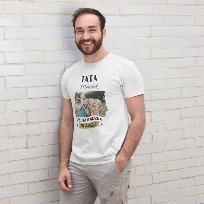Personalizowana koszulka ze zdjęciem i imieniem na Dzień Taty biała męska
