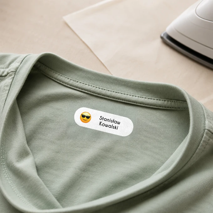 Imienniki na odzież naprasowanki arkusz 58 sztuk własny tekst grafika emoji okulary