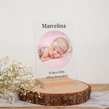 Metryczka ze zdjęciem dziecka prezent na narodziny dla noworodka druk na szkle 15x21 cm