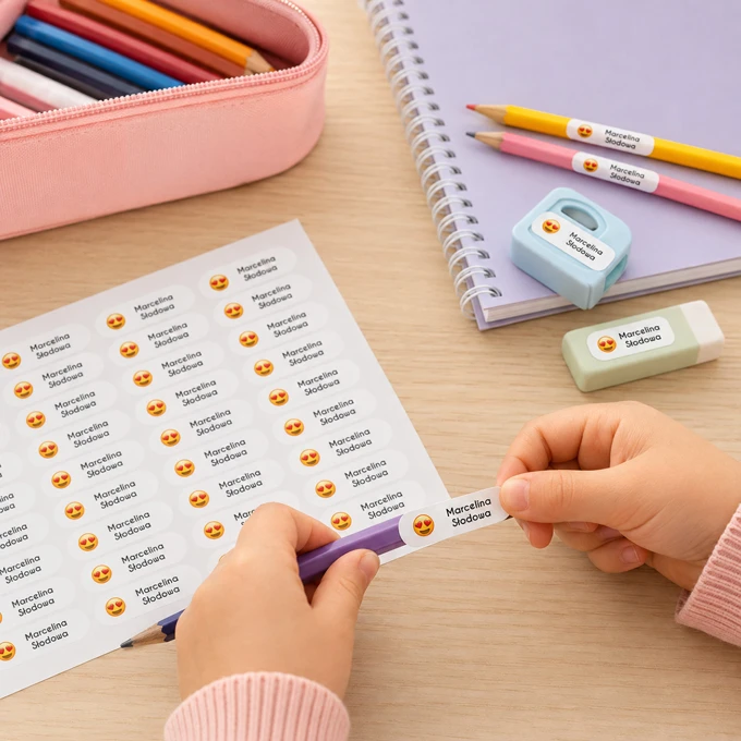 Naklejki z imieniem imienniki na przybory arkusz 58 sztuk emoji serce