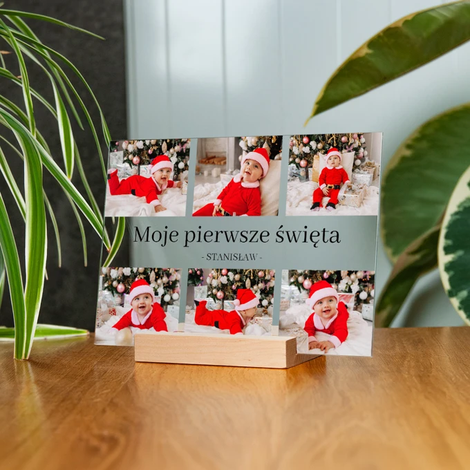 Pleksi z nadrukiem Moje Pierwsze Święta kolaż zdjęć własny tekst 21x15 cm