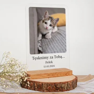 Pamiątka po kocie statuetka ze zdjęciem na szkle A4
