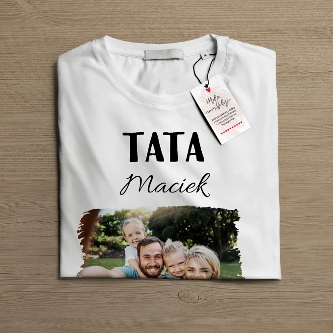 Personalizowana koszulka ze zdjęciem i imieniem na Dzień Taty biała męska