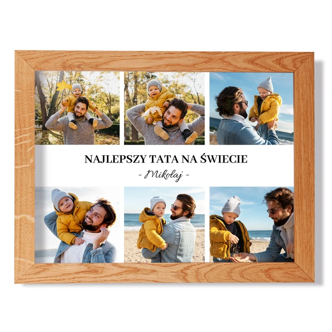Prezent dla Taty plakat z kolażem zdjęć w drewnianej ramie z personalizacją imieniem 40x30 cm