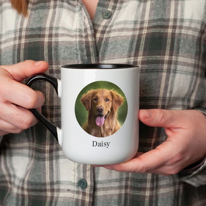 Kubek ze zdjęciem Twojego zwierzaka pamiątka po psie kocie z czarnym wnętrzem