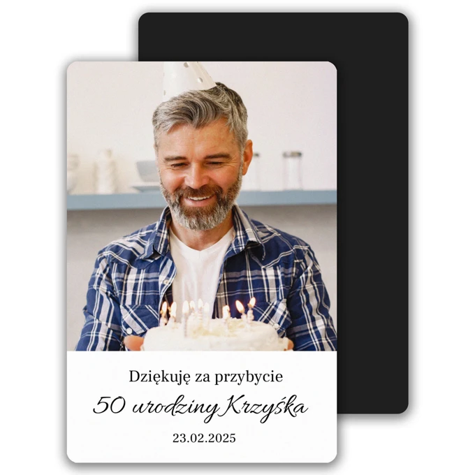 Podziękowanie na 50 urodziny dla gości foto magnes ze zdjęcia z podpisem 10x7 cm wykończenie matowe