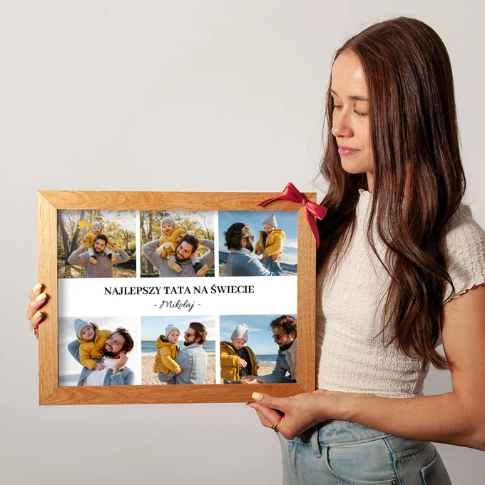 Prezent dla Taty plakat z kolażem zdjęć w drewnianej ramie z personalizacją imieniem 40x30 cm