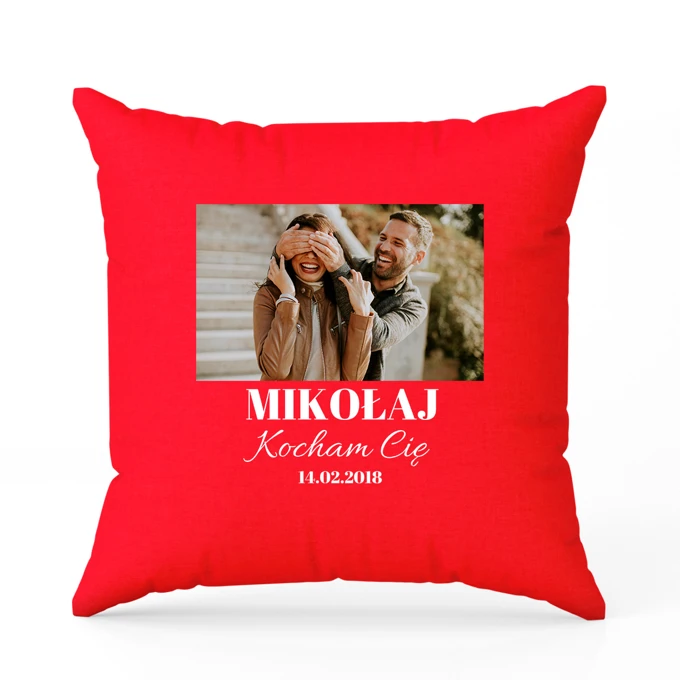 Poduszka z Twojego zdjęcia z podpisem czerwona