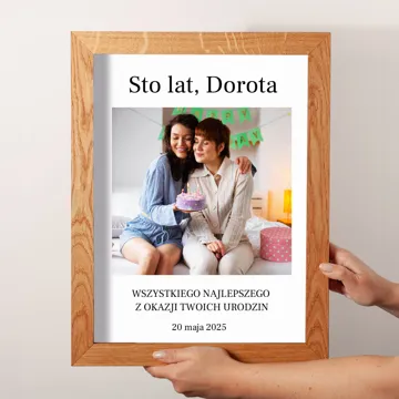 Prezent na urodziny plakat ze zdjęcia 30x40 cm w drewnianej ramie z własną personalizacją