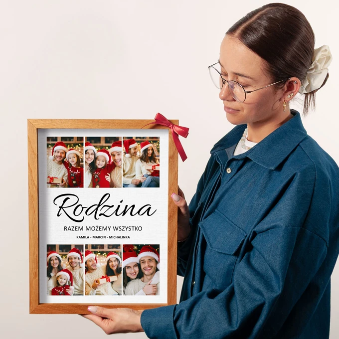 Fotoobraz na płótnie Rodzina własny tekst imiona kolaż zdjęć w drewnianej ramie 30x40 cm