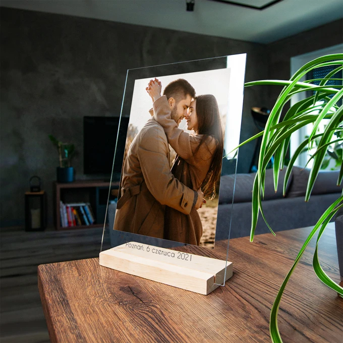 Zdjęcie na szkle ramka ze zdjęciem na szkle akrylowym prezent pamiątka ze zdjęciem i napisem A4