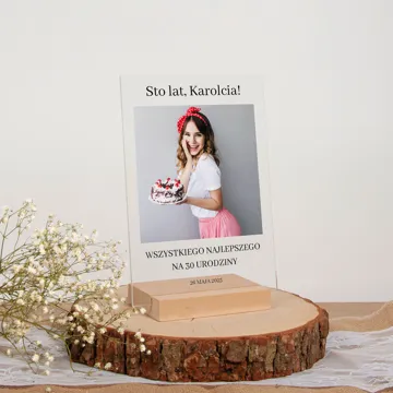 Prezent na 30 urodziny życzenia na szkle akrylowym ze zdjęciem 15x21 cm