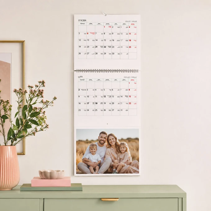 Fotokalendarz trójdzielny z Twoim zdjęciem XL długi planer ścienny z zawieszką 71 cm