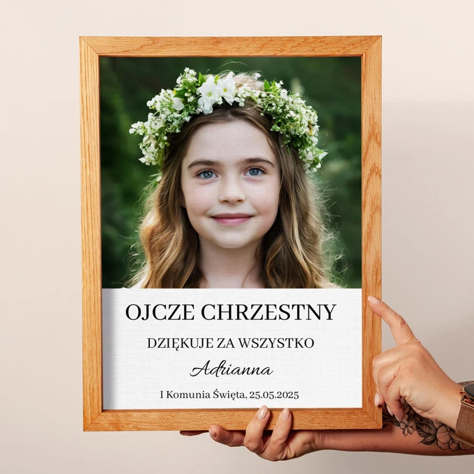 Podziękowanie dla Chrzestnego na Komunię obraz ze zdjęciem na płótnie w drewnianej ramie 30x40 cm