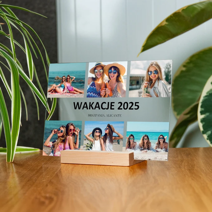 Kolaż zdjęć z wakacji na szkle statuetka własny podpis 21x15 cm