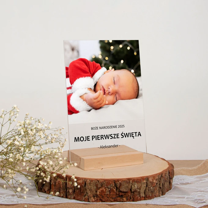 Świąteczna ramka ze zdjęciem PIERWSZE ŚWIĘTA DZIECKA personalizacja tekstem 15x21 cm