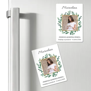 Personalizowany magnes ze zdjęciem dziecka na podziękowanie dla gości komunia 7x10 cm