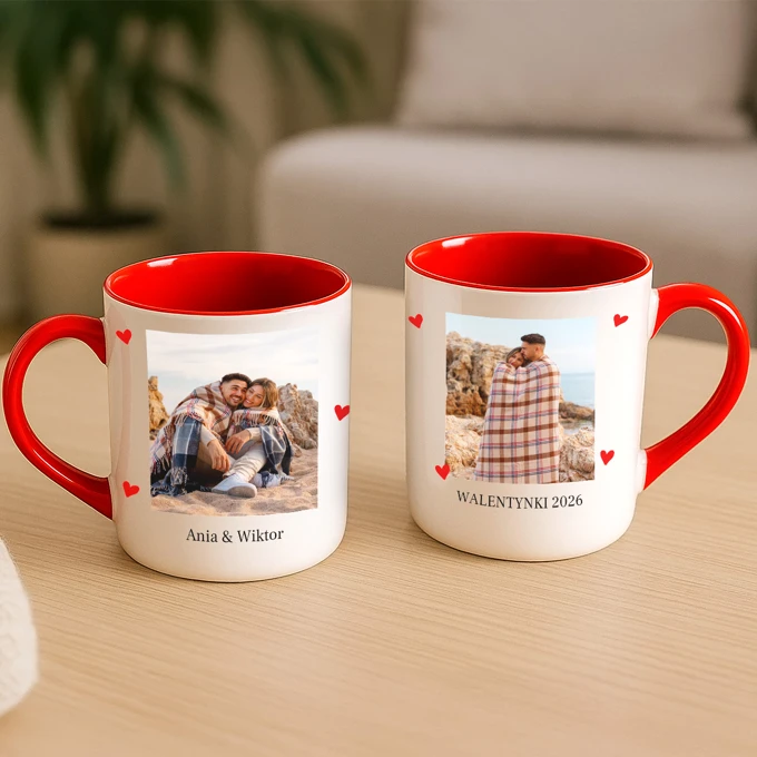 Kubek ze zdjęć na Walentynki dla zakochanych z imionami