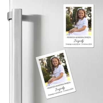 Podziękowania dla gości na komunię ze zdjęciem dziecka magnes 7x10 cm