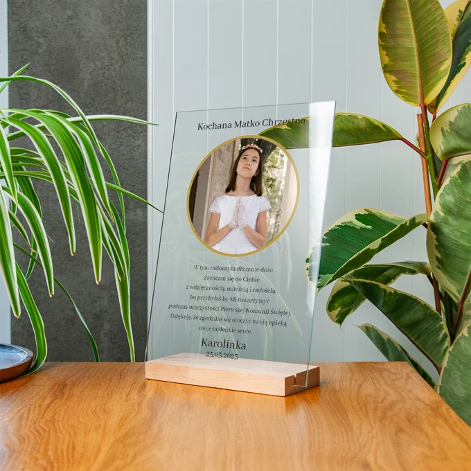 Akrylowe podziękowanie dla chrzestnych ramka ze zdjęciem na komunię 21x30 cm
