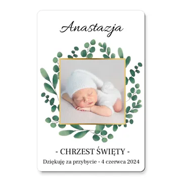 Personalizowany magnes ze zdjęciem dziecka na podziękowanie dla gości chrzest 7x10 cm