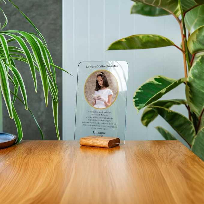 Akrylowe podziękowanie dla rodziców chrzestnych ramka ze zdjęciem z podstawką na komunię A5