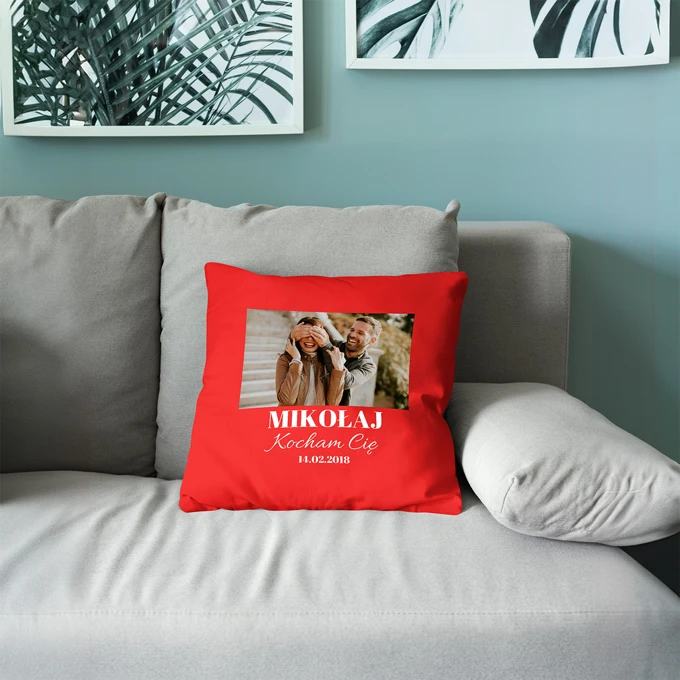 Poduszka z Twojego zdjęcia z podpisem czerwona