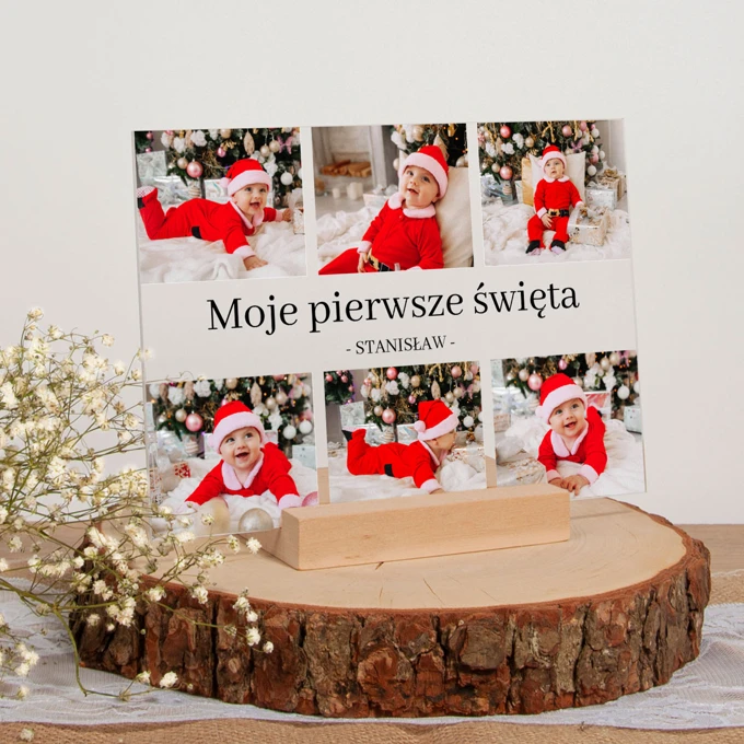 Pleksi z nadrukiem Moje Pierwsze Święta kolaż zdjęć własny tekst 21x15 cm