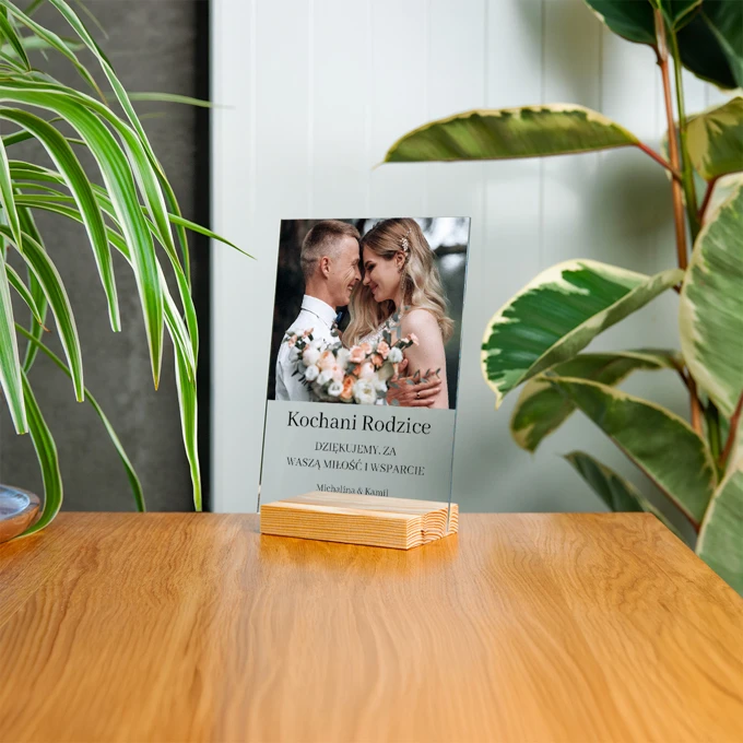 Akrylowe podziękowania dla Rodziców ze zdjęciem i dedykacją na ślub 15x21 cm