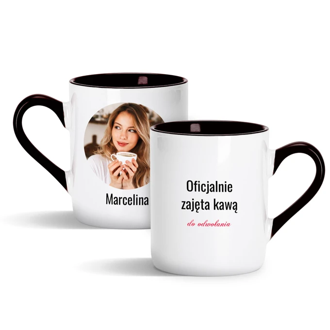 Kubek ze zdjęciem i własnym napisem imieniem zabawny prezent z czarnym wnętrzem i uchem