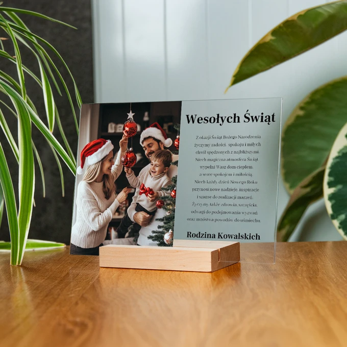 Wydruk na szkle akrylowym z podstawką ze zdjęciem i życzeniami prezent na święta 15x21 cm