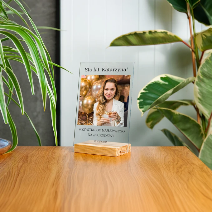 Życzenia na szkle ze zdjęciem personalizowany prezent na 40 urodziny 15x21 cm