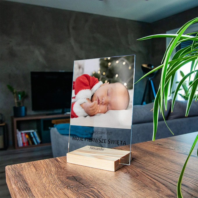 Świąteczna ramka ze zdjęciem PIERWSZE ŚWIĘTA DZIECKA personalizacja tekstem 15x21 cm