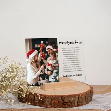 Wydruk na szkle akrylowym z podstawką ze zdjęciem i życzeniami prezent na święta 15x21 cm