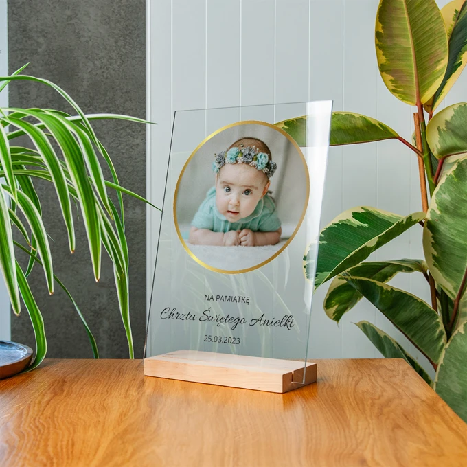 Statuetka na chrzest podziękowanie dla chrzestnych zdjęcie na szkle akrylowym 21x30 cm