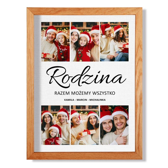 Fotoobraz na płótnie Rodzina własny tekst imiona kolaż zdjęć w drewnianej ramie 30x40 cm