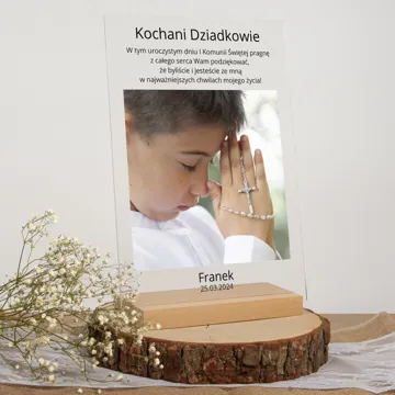 Podziękowania dla dziadków chrzestnych na komunię od dziecka ramka ze zdjęciem na szkle akrylowym 21x30 cm