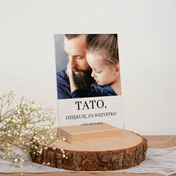 Prezent dla Taty na Dzień Ojca statuetka ze zdjęciem i dedykacją na szkle 15x21 cm