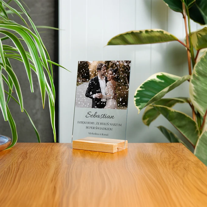 Podziękowanie dla świadka ze zdjęciem wydruk na szkle akrylowym statuetka 15x21 cm