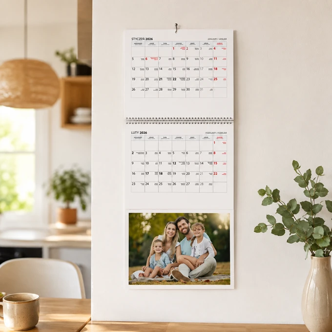 Fotokalendarz trójdzielny z Twoim zdjęciem XL długi planer ścienny z zawieszką 71 cm