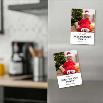 Moje Pierwsze Święta magnes ze zdjęciem i imieniem na lodówkę 7x10 cm wykończenie matowe