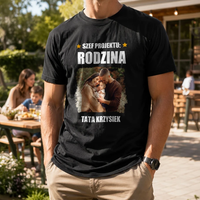 Koszulka ze zdjęciem dla taty własny napis czarna męska na Dzień Taty