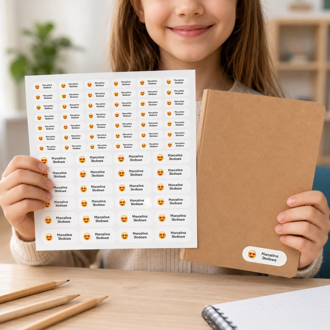Naklejki z imieniem imienniki na przybory arkusz 58 sztuk emoji serce