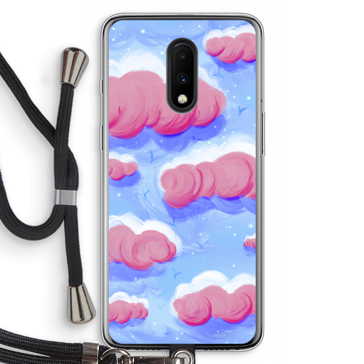 Roze wolken met vogels: OnePlus 7 Transparant Hoesje met koord