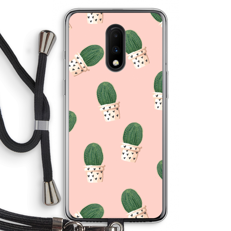 Cactusprint roze: OnePlus 7 Transparant Hoesje met koord