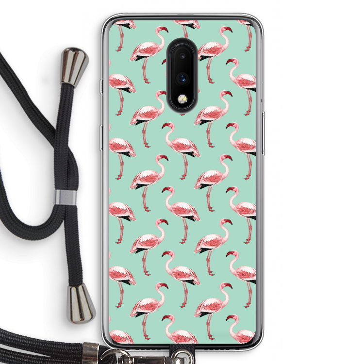 Flamingoprint groen: OnePlus 7 Transparant Hoesje met koord