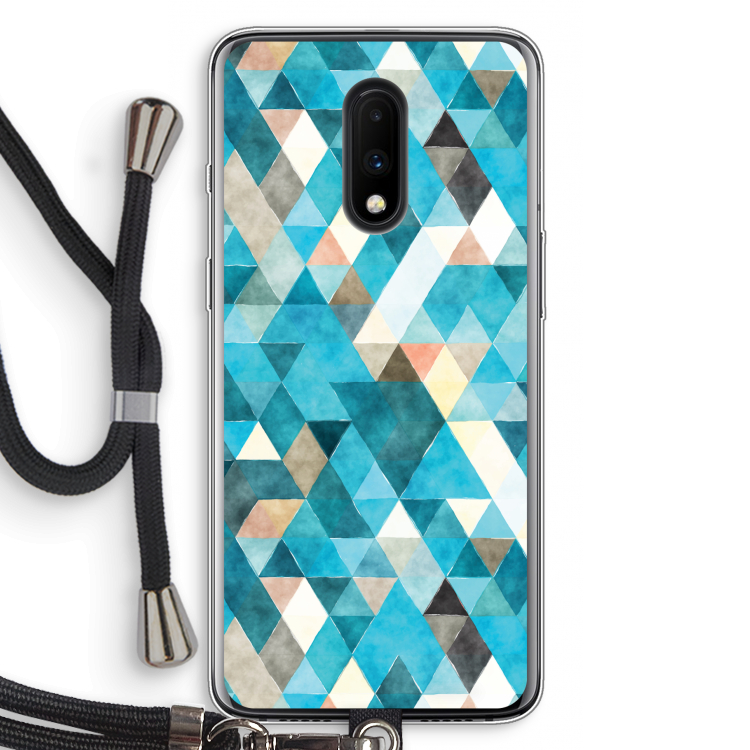 Gekleurde driehoekjes blauw: OnePlus 7 Transparant Hoesje met koord