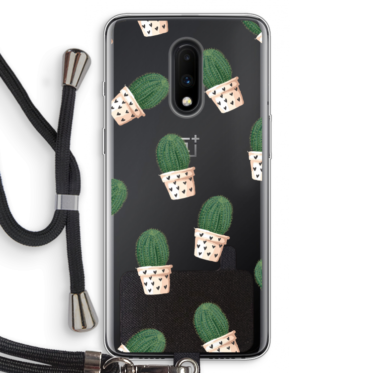 Cactusprint roze: OnePlus 7 Transparant Hoesje met koord